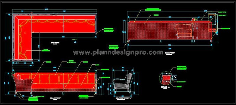 L-Shape Sofa CAD Drawing with Wooden Armrest